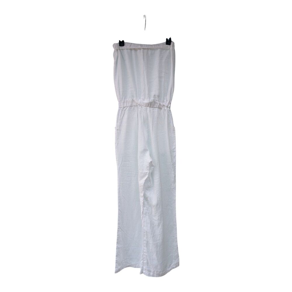 White Strapless Linen Jumpsuit Wide Leg Boho Coastal Beach Romper - Size Medium
